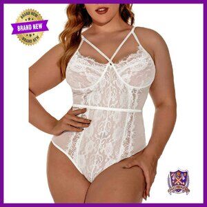 Plus Size Eyelash Lace Bodysuit Snap Crotch Sexy Lingerie Top